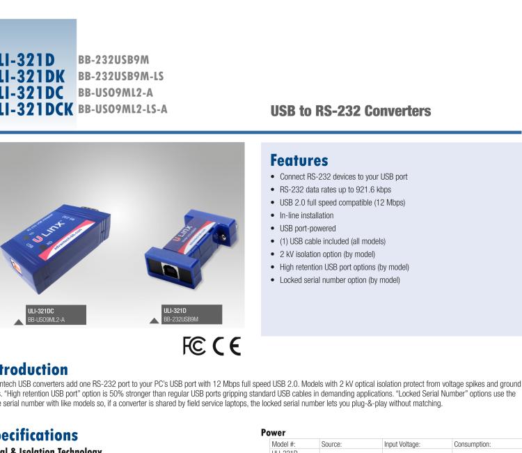 研華BB-232USB9M-LS ULI-321DK USB 2.0到RS-232轉(zhuǎn)換器，DB9公頭 端口號鎖定