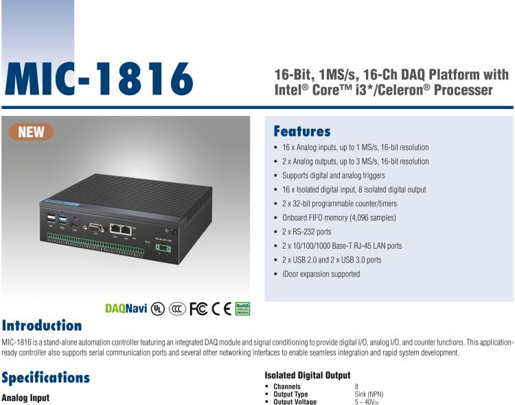 研華MIC-1816 具有Core?i3 /Celeron?處理器的16位，1 MS / s，16通道DAQ平臺