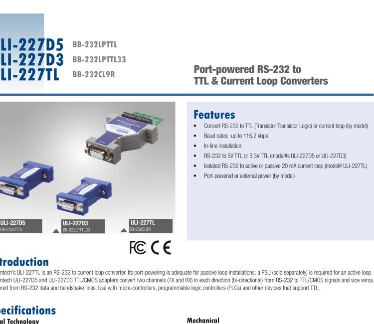 研華BB-232LPTTL33 ULI-227D3 RS-232（DB9母頭）至3.3V TTL（DB9公頭）轉(zhuǎn)換器，端口供電