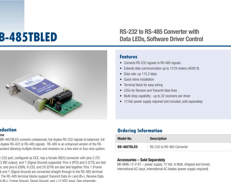 研華BB-485TBLED 串口轉(zhuǎn)換器，RS-232 DB25 母頭至RS-485 TB