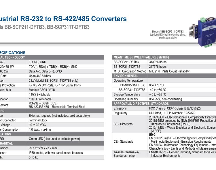 研華BB-SCP311T-DFTB3 ULI-224THC 寬溫度范圍、隔離式、RS-232 至 422/485 轉(zhuǎn)換器