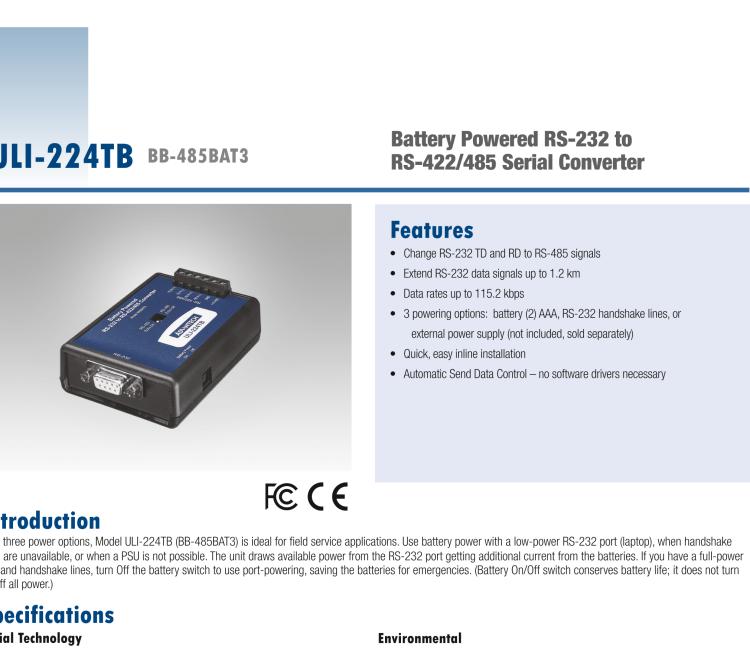 研華BB-485BAT3 ULI-224TB RS-232（DB9母頭至RS-422/485（接線端子）轉(zhuǎn)換器，電池供電