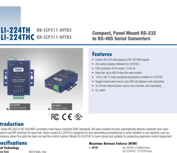 研華BB-485BAT3 ULI-224TB RS-232（DB9母頭至RS-422/485（接線端子）轉(zhuǎn)換器，電池供電