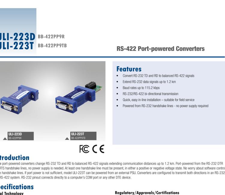 研華BB-422PP9R ULI-223D RS-232至RS-422轉(zhuǎn)換器，端口供電，DB9母頭連接器