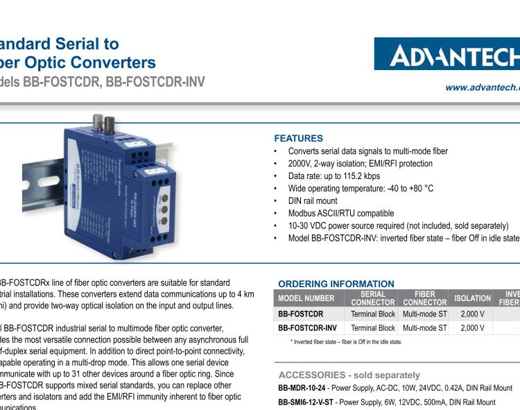 研華BB-FOSTCDR-INV 串口轉(zhuǎn)換器，RS-232/422/485 TB至MM光纖ST（反向），工業(yè)DIN