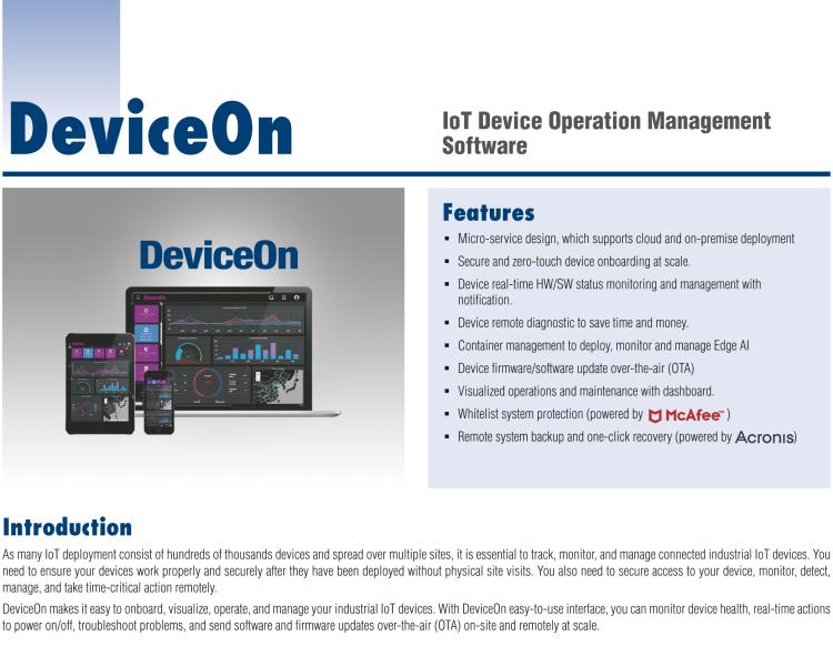 研華DeviceOn DeviceOn.DM是IoT設(shè)備管理，可遠(yuǎn)程管理連接的設(shè)備并提供集中式管理功能。